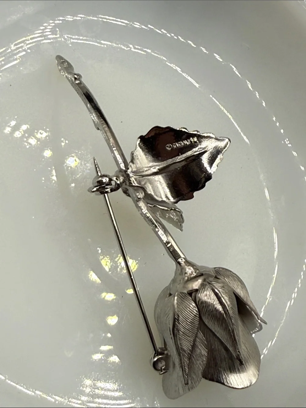 Vintage Giovanni stamped long stem rose Brooch - Silver tone Floral Pin